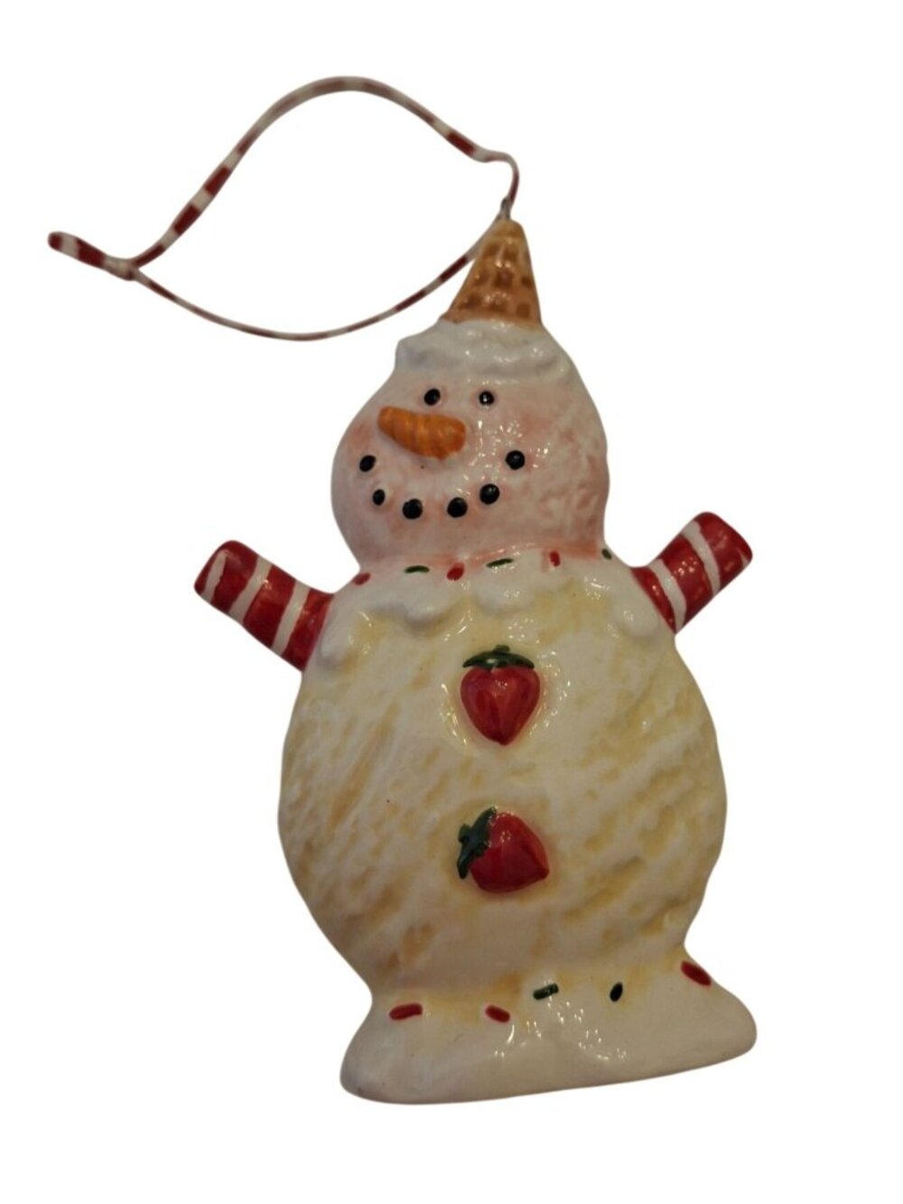Vintage Snowman Christmas Ornament Ceramic Holiday Tree Decor Candy Cane Hat